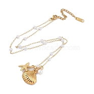 304 Stainless Steel with Shell Pearl Pendant Necklaces, Shell Shape and Starfish, Golden, 16.14 inch(41cm)(NJEW-Z033-02G)
