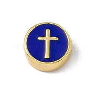 Real 18K Gold Plated Brass Enamel Beads, Long-Lasting Plated, Cadmium Free & Lead Free, Flat Round with Cross, Blue, 11x4.5mm, Hole: 1.8mm(KK-F814-04G-02)
