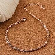 Rack Plating Brass Cable Chain Bracelets, Double Strand Bracelets for Women, Cadmium Free & Lead Free, 901 Stainless Steel Clasp, Long-Lasting Plated, Rose Gold, 6-3/4 inch(17cm)(BJEW-G735-04RG)