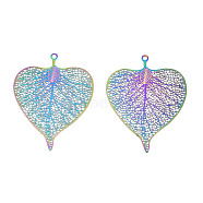 Ion Plating(IP) 304 Stainless Steel Filigree Pendants, Etched Metal Embellishments, Leaf, Rainbow Color, 39x30x0.2mm, Hole: 1.6mm(STAS-S118-081)
