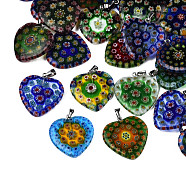 Handmade Millefiori Glass Pendants, with Platinum Plated Iron Findings, Heart, Mixed Color, 27x24x3mm, Hole: 5x2mm(LK-R005-03)