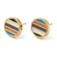 Rack Plating Brass Flat Round Stud Earrings with Enamel, Lead Free & Cadmium Free, Real 18K Gold Plated, 12mm(EJEW-D061-23G)