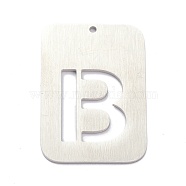 304 Stainless Steel Pendants, Rectangle with Alphabet, Hollow, Letter.B, 32x22x1mm, Hole: 1.5mm(STAS-K216-49B-P)