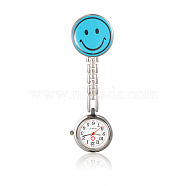 Alloy Smile Nurse Table Pocket Watches, with Alloy Enamel Table, Metal Chains and Iron Clips, Flat Round, Deep Sky Blue, 91mm; Watch Head: 29x8mm; Watch Face: 20mm; Smile Face:32x29x17mm(WACH-N007-03F)