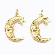 Brass Pendants, with Jump Rings, Nickel Free, Moon with Star, Real 16K Gold Plated, 22x15x4mm, Hole: 3mm(KK-N237-011-NF)