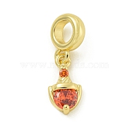 Rack Plating Brass Pave Cubic Zirconia Shield European Dangle Charms, Large Hole Pendants, Real 18K Gold Plated, Lead Free & Cadmium Free, Long-Lasting Plated, Orange, 13.5x7x3.7mm, Hole: 4.6mm(KK-Z067-44G-02)