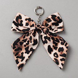 Leopard Print Bowknot Polyester Pendant Decorations, with Alloy Rings, Platinum, 150mm(HJEW-WH0063-029P)
