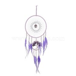 Iron & Brass Wire Woven Web/Net with Feather Pendant Decorations, with Plastic, Amethyst & Glass Beads, Covered with Leather Cord, Flat Round & Tree of Life, Lilac, 500mm(AJEW-B017-18)