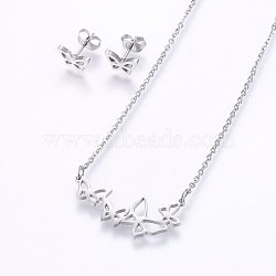 Tarnish Resistant 304 Stainless Steel Jewelry Sets, Stud Earrings and Pendant Necklaces, Butterfly, Stainless Steel Color, Necklace: 18.9 inch(48cm), Stud Earrings: 6x9x1.2mm, Pin: 0.8mm(SJEW-O090-14P)