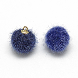 Faux Mink Fur Covered Charms, with Golden Tone Brass Findings, Round, Blue, 17x14~15mm, Hole: 2mm(X-WOVE-S084-37D)