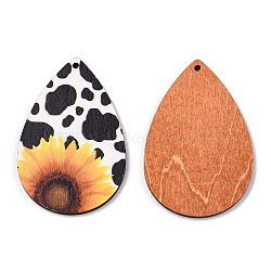 Single Face Sunflower Printed Wood Big Pendants, Teardrop Charm, Black, Cow Pattern, 60x40x3mm, Hole: 2mm(WOOD-TAC0021-01H)