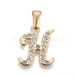 304 Stainless Steel Pendants, with Rhinestone, Letter, Letter.H, 19x16.5x2mm, Hole: 3~3.5x7.5~8mm(STAS-F202-16G-H)