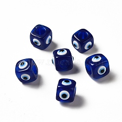 Resin Evil Eye European Beads, Large Hole Bead, Cube, Medium Blue, 12.5x14~14.5x14~14.5mm, Hole: 6mm(RESI-A021-01)