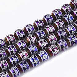 Electroplate Glass Beads Strands, Round with Flower Pattern, Purple, 8x7.5mm, Hole: 1.2mm, about 40pcs/strand, 11.8 inch(EGLA-S177-10A-02)