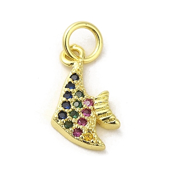 Real 18K Gold Plated Brass Pave Cubic Zirconia Pendants, with Jump Rings, Fish, Colorful, 13.5x7.5x2mm, Hole: 3mm