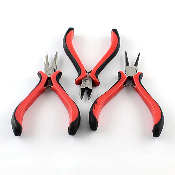 Iron Jewelry Tool Sets: Round Nose Pliers, Wire Cutter Pliers and Side Cutting Pliers, Red, 110~127mm, 3pcs/set