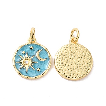 Rack Plating Brass Pendants, with Enamel and Jump Ring, Cadmium Free & Lead Free, Long-Lasting Plated, Flat Round with Sun & Moon Pattern, Real 18K Gold Plated, 15x13x2mm, Jump Ring: 5x1mm, Inner Diameter: 3mm