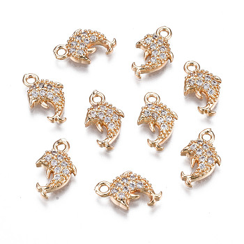 Brass Micro Pave Clear Cubic Zirconia Charms, Long-Lasting Plated, Cadmium Free & Lead Free, Dolphin Shape, Light Gold, 12x7.5x2mm, Hole: 1.2mm