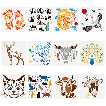 12Pcs 12 Styles PET Hollow Out Drawing Painting Stencils, for DIY Scrapbook, Photo Album, Animals, 300x300mm, 1pc/style