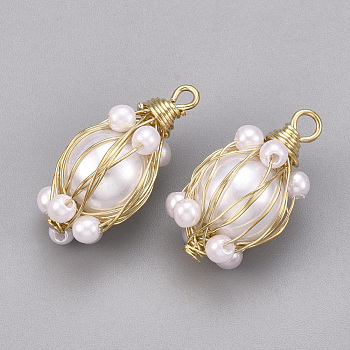 ABS Plastic Imitation Pearl Pendants, with Brass Findings, Creamy White, Real 18K Gold Plated, 21~23x10~11mm, Hole: 2mm