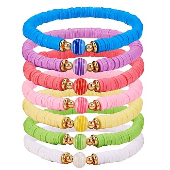 Handmade Polymer Clay Heishi Beads Stretch Bracelets Sets, Surfering Wave Stackable Preppy Bracelets for Women, Mixed Color, Inner Diameter: 2-1/8 inch(5.5cm), 7Pcs/set