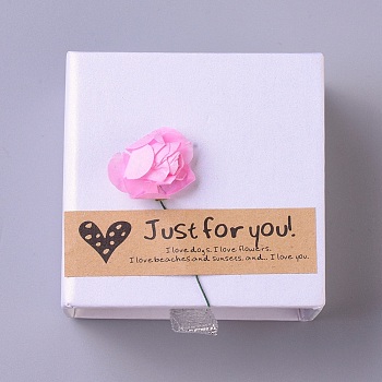 Cardboard Jewelry Ring Box, with Paper Flower and Stickers, Square, White, 6.05x6.1x3.65cm