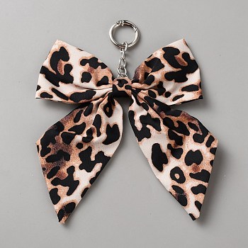 Leopard Print Bowknot Polyester Pendant Decorations, with Alloy Rings, Platinum, 150mm