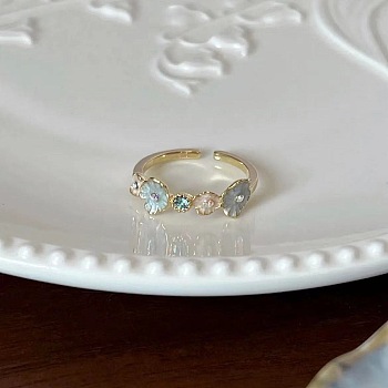 Alloy Enamel with Rhinestone Cuff Open Rings for Women, Flower, Golden, Pale Turquoise, Inner Diameter: Adjustable