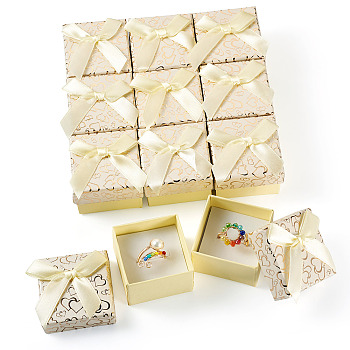 Bowknot Cardboard Paper Ring Gift Storage Boxes, with White Sponge Inside, Square, Champagne Yellow, 5.05x5.05x3.8cm