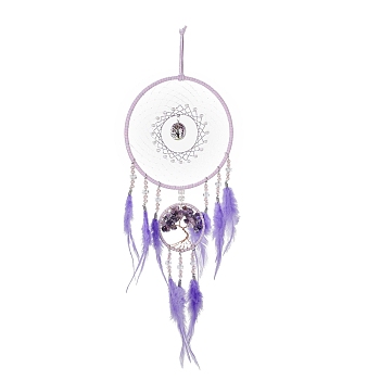 Iron & Brass Wire Woven Web/Net with Feather Pendant Decorations, with Plastic, Amethyst & Glass Beads, Covered with Leather Cord, Flat Round & Tree of Life, Lilac, 500mm