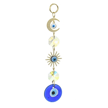 Handmade Lampwork Evil Eye Pendant Decorations, with Glass Octagon and Brass Links, Moon & Sun, for Home Hanging Ornaments, Golden, 129mm, Hole: 10mm
