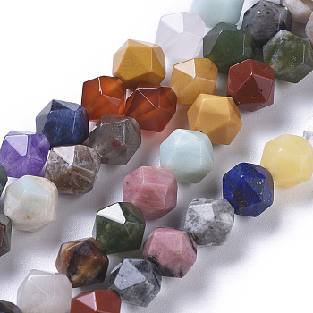Natural Mixed Gemstone Beads Strands, Star Cut Round Beads, Faceted, 8mm, Hole: 0.8mm, about 48pcs/strand, 15.35 inch(39cm)