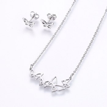 304 Stainless Steel Jewelry Sets, Stud Earrings and Pendant Necklaces, Butterfly, Stainless Steel Color, Necklace: 18.9 inch(48cm), Stud Earrings: 6x9x1.2mm, Pin: 0.8mm