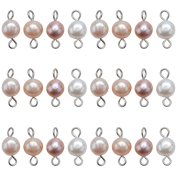 30Pcs Natural Freshwater Pearl Connector Charms, Nuggets Links, with Stainless Steel Color Plated 304 Stainless Steel Double Loops, Seashell Color, 14x6~7.5x3.5~5mm, Hole: 1.5~2.5mm