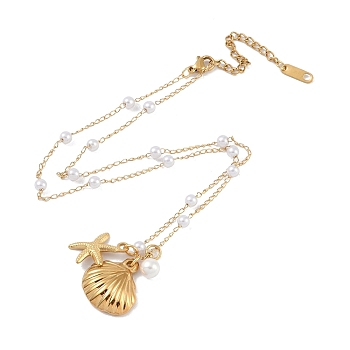 304 Stainless Steel with Shell Pearl Pendant Necklaces, Shell Shape and Starfish, Golden, 16.14 inch(41cm)
