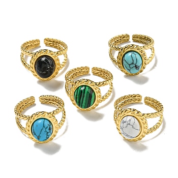 304 Stainless Steel Open Cuff Rings, Synthetic Malachite & Turquoise Oval Finger Rings for Women Men, Real 18K Gold Plated, Adjustable