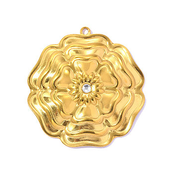304 Stainless Steel Pendants, Rose Flower Charms, Ion Plating(IP), Mirror Polished Finish, Real 18K Gold Plated, 43x41mm, Hole: 2mm