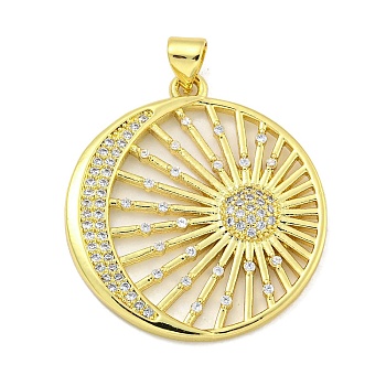 Rack Plating Brass Micro Pave Clear Cubic Zirconia Pendants, Cadmium Free & Lead Free, Long-Lasting Plated, Round, Real 18K Gold Plated, 30.5x27.5x3mm, Hole: 5x3mm