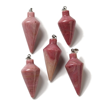 Natural Rhodonite Pendants, Cone Charms with Rack Plating Platinum Plated Brass Snap on Bails, 36~36.5x15~15.5mm, Hole: 5~6.5x2mm