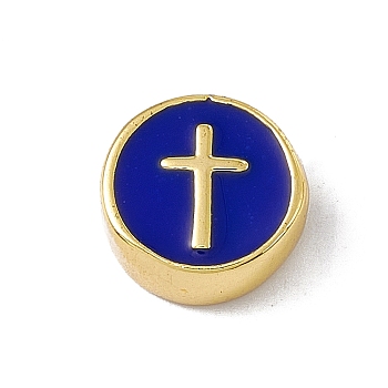 Real 18K Gold Plated Brass Enamel Beads, Long-Lasting Plated, Cadmium Free & Lead Free, Flat Round with Cross, Blue, 11x4.5mm, Hole: 1.8mm