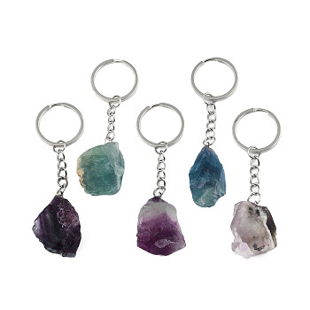 Nuggets Natural Fluorite Keychain, with Platinum Plated Iron Findings, 88~98mm