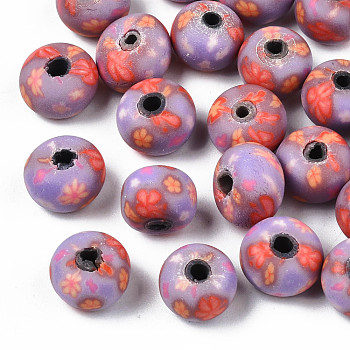 Handmade Polymer Clay Beads, Rondelle with Flower, Old Rose, 8~9x6mm, Hole: 1.6mm