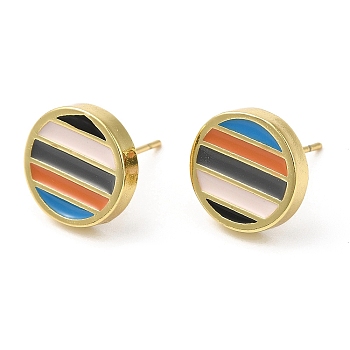 Rack Plating Brass Flat Round Stud Earrings with Enamel, Lead Free & Cadmium Free, Real 18K Gold Plated, 12mm