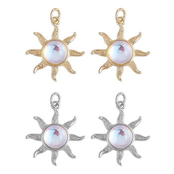 4Pcs 2 Colors Glass Pendants, with Brass Findings and Jump Ring, Sun, Platinum & Golden, 22.5x20x5.5mm, 2pcs/color