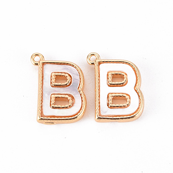 Brass Charms, with Shell, Real 18K Gold Plated, Nickel Free, Letter.B, 11x8x2mm, Hole: 0.8mm