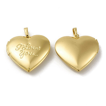 Rack Plating Brass Locket Pendants, Heart with Word I Love You Charm, Cadmium Free & Lead Free, Long-Lasting Plated, Real 18K Gold Plated, 29x28.5x7mm, Hole: 4x7mm