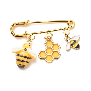 Bee and Honeycomb Enamel Charms Brooch, Iron Safety Pin Lapel Pin for Backpack Clothes, Gold, 42.5x50x5mm