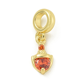 Rack Plating Brass Pave Cubic Zirconia Shield European Dangle Charms, Large Hole Pendants, Real 18K Gold Plated, Lead Free & Cadmium Free, Long-Lasting Plated, Orange, 13.5x7x3.7mm, Hole: 4.6mm