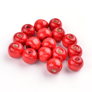 Natural Wood Beads, Dyed, Round, Red, 12x10.5mm, Hole: 3mm, about 1800pcs/1000g