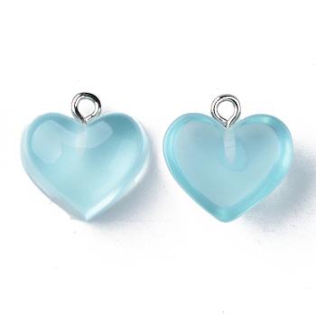 Transparent Resin Pendants, with Platinum Tone Iron Loop, Heart, Light Sky Blue, 16.5x17x9.5mm, Hole: 1.8mm